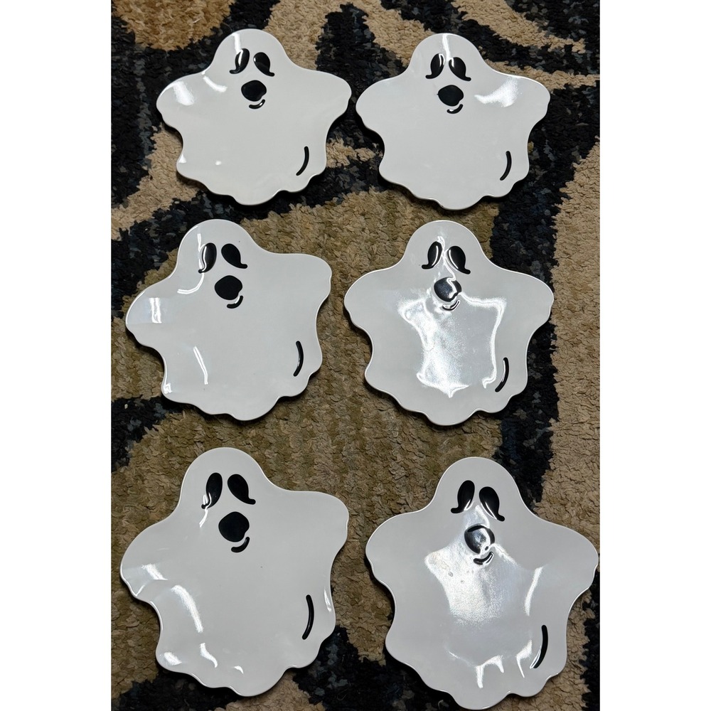 Set of 6 Walmart Ghost Halloween Appetizer Plates White Black Spooky Decor 7in